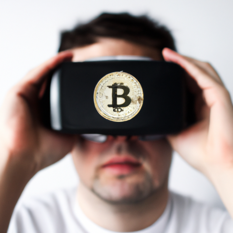 A picture of a man holding a VR headset with the Bitcoin logo in the centre.